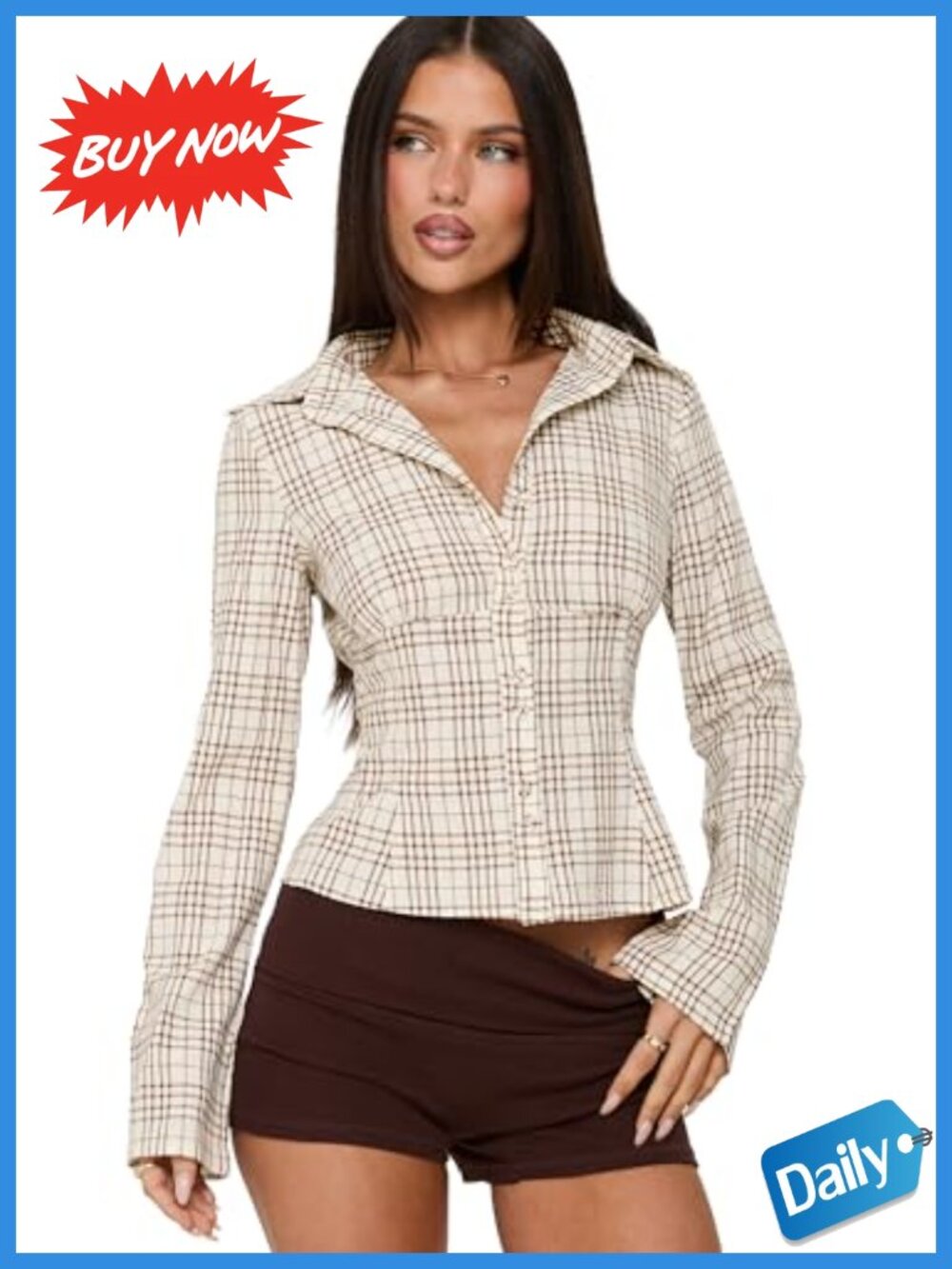 Women's 100% Cotton Checkered Long Sleeve Collared Blouse